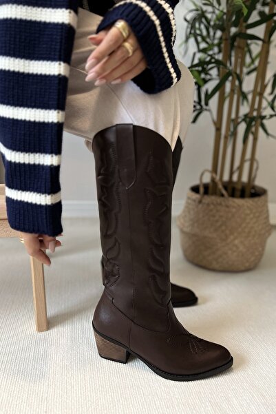 POLKA STORE Texas Bitter Brown Embroidered Long Below Knee Western Women's Cowboy Boots