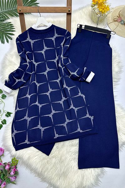MODAQU Elegance Glittery Πλεκτό Σετ Hijab - Navy Blue