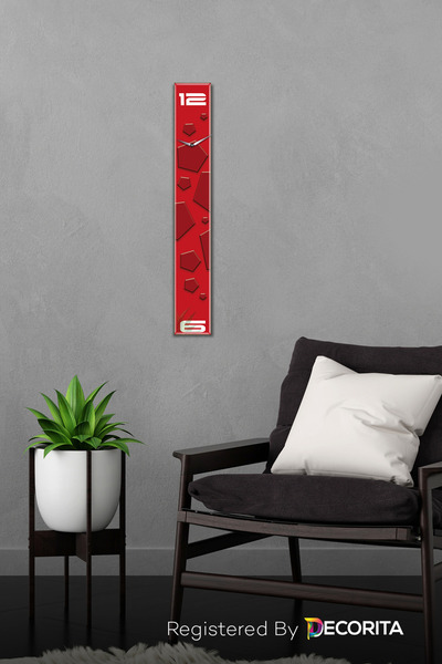 Decorita Cam Duvar Saati | Fütüristik Cam Saat | Geometrik Kırmızı | 10cm X 70cm