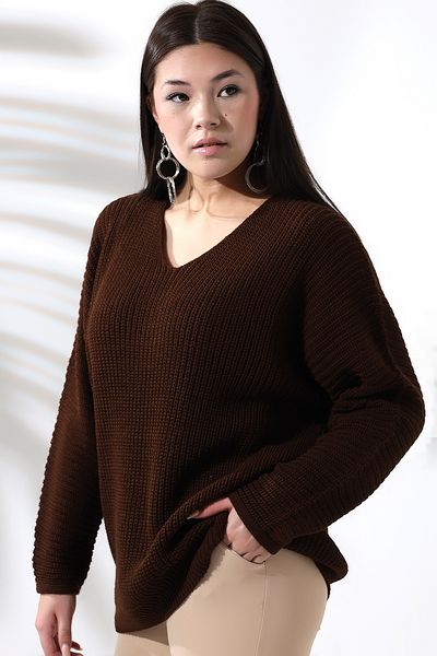 Devinka Дамски кафяв пуловер с V-образно деколте Selanik Knit Oversize