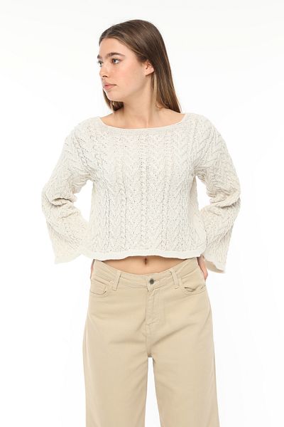 MA ananas Women's Ecru Spanish Sleeve Openwork Fine Knitwear Sweater
