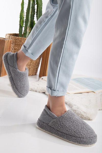 Slipcat Kuzu Kumaş Yünlü Sessiz Taban Lastikli Kadın Ev Ayakkabısı Ev Botu Panduf