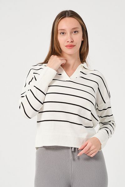 PUNKY CAT Pulover de damă negru cu dungi polo cu guler ecru