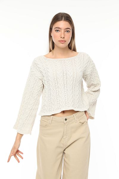 MA ananas Women's Ecru Spanish Sleeve Openwork Fine Knitwear Sweater