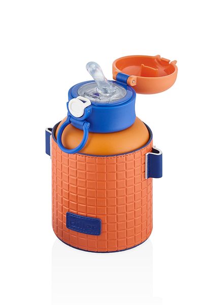 DILLER 680ml Fashion Waffle Striped Leather Case Straw Strap Lockable Lid Steel Thermos Flask