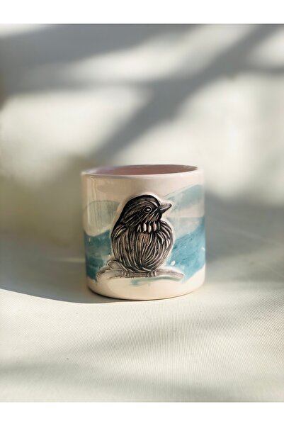 Tam Seramik كوب منقوش على شكل طائر أخضر بترولي