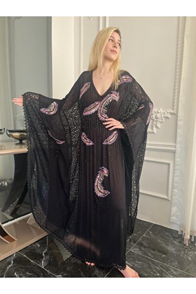 Bohemian Fıransız Tasarım İşlemeli Siyah Abiye Elbise Kaftan Abaya