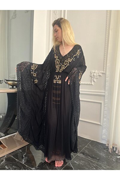 Bohemian Free Design Gold Embroidered Black Evening Dress Kaftan Abaya