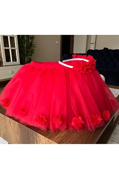 shopland 3D Flower Detailed Red Tutu Skirt and Crown Set