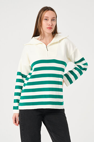 PUNKY CAT Жіночий зелений светр з екрановими смужками, коміром на блискавці та зручним кроєм