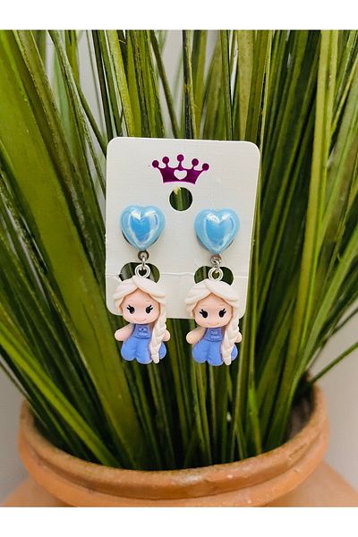 1PARÇAMAVİ Studded Heart Princess Elsa Frozen Frozen Children's Earrings - Perforated Earrings