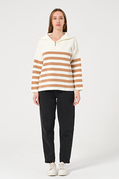 PUNKY CAT Жіночий коричневий светр з екрановими смужками, коміром на блискавці та зручним кроєм