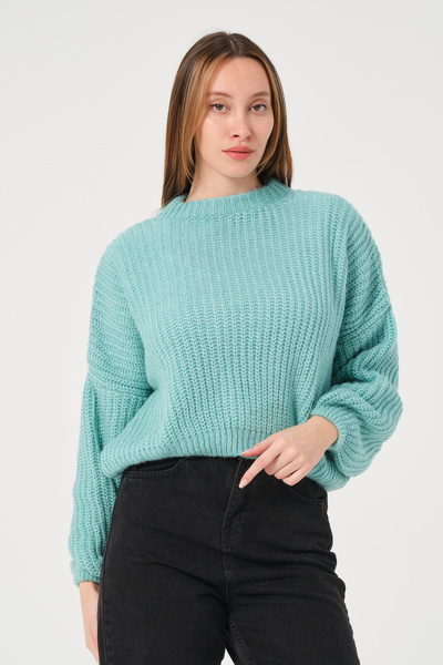 PUNKY CAT Women's Aqua Green Crew Neck Thick Knit Sweater