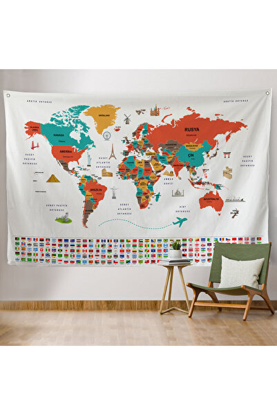 Harita Sepeti غطاء حائط بتفاصيل العلم، خريطة العالم التركية الحالية، قماش - 4048