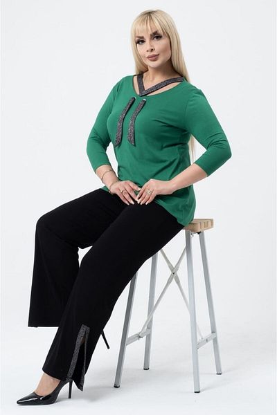 sinemisxxl Women's Green Collar Detailed Plus Size Viscose Blouse