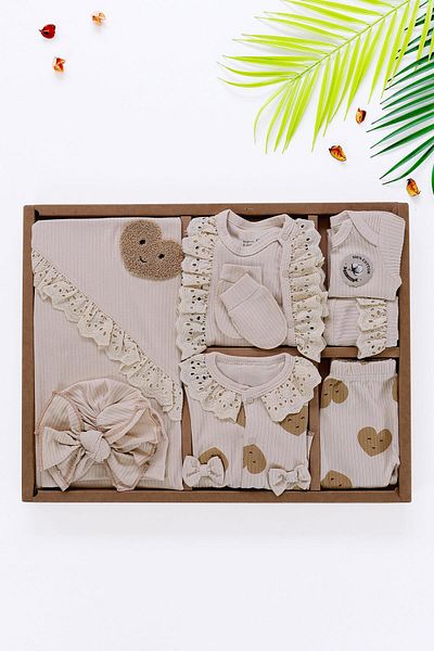 Sitilin Baby Girl Natural Natural Cotton Lace Scalloped Luxury 10 Piece Hospital Discharge Set STL6474