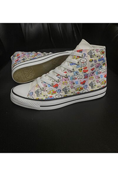 TREND Bts Good Baskılı Kadın Canvas Ayakkabı Convers Bot Bilekli Uzun Convers