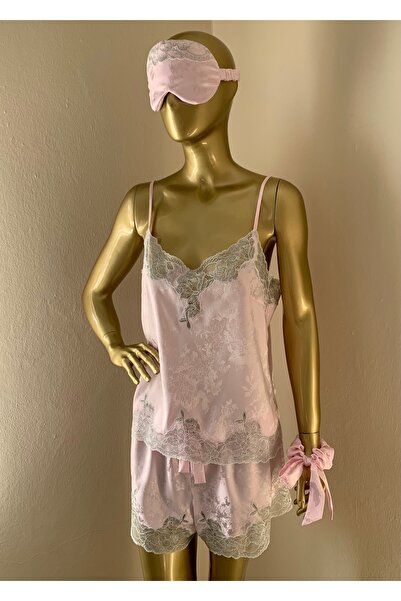 KATİ MOS DESİGN Gümüş Dantel Işlemeli Saten 4'lü Seti: Üst Şort, Uyku Maskesi...