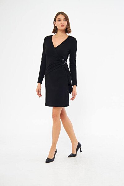 DERİNBOUTIQUE Kadın Kruvaze Yaka Kemer Tokalı Likralı Pamuklu Triko Düğün Davet Yılbaşı Elbisesi