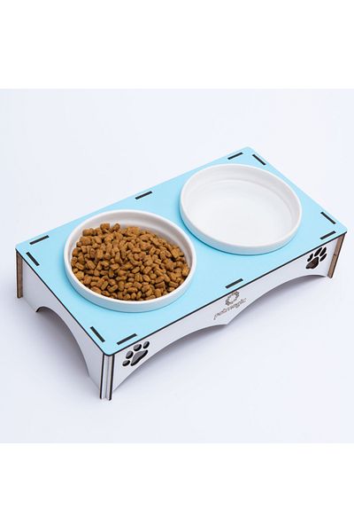 Pet Magic وعاء طعام للكلاب من الخشب، وعاء سيراميك أبيض للقطط، وعاء طعام صغير للكلاب، أزرق فاتح
