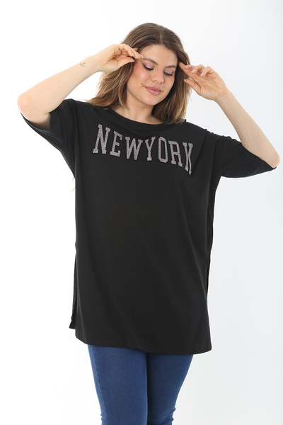 Şans Women's Plus Size Black Jewelled and Glitter Detailed Side Slit Blouse 65N37466