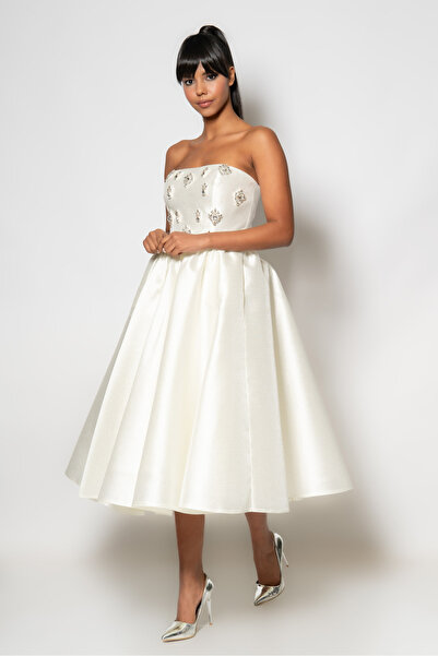 RENGIN Robası taş aksesuarlı çan etekli abiye elbise