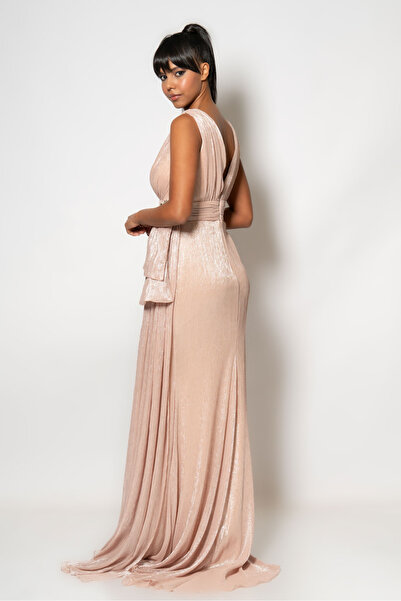 RENGIN Belden parça detaylı aksesuarlı simli şifon abiye elbise