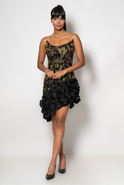 RENGIN Kedi yakalı eteği fırfırlı payet abiye elbise