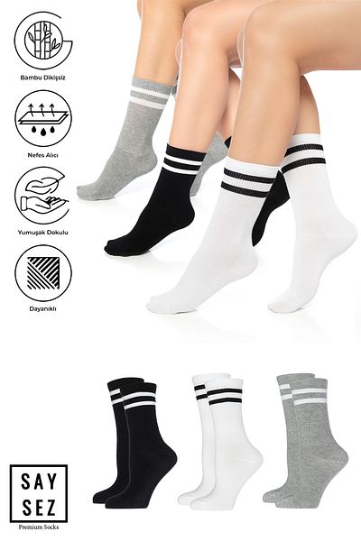 SAYSEZ Bamboo Unisex Tennis College ριγέ Premium Μαύρο-Λευκό-Γκρι μελανζέ κάλτσες χωρίς ραφή 3 πακέτο