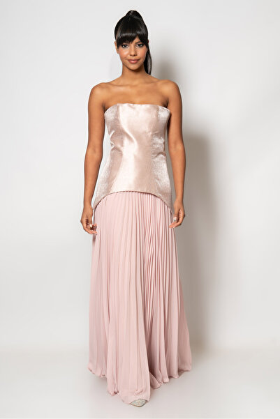 RENGIN Üstü korsajlı altı pileli şifon straplez abiye elbise