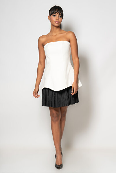 RENGIN Etek ucu saten pileli çan etekli straplez krep abiye elbise