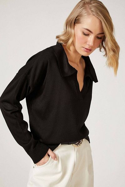 BEŞİR GİYİM Pulover de bază cu gât polo negru de damă