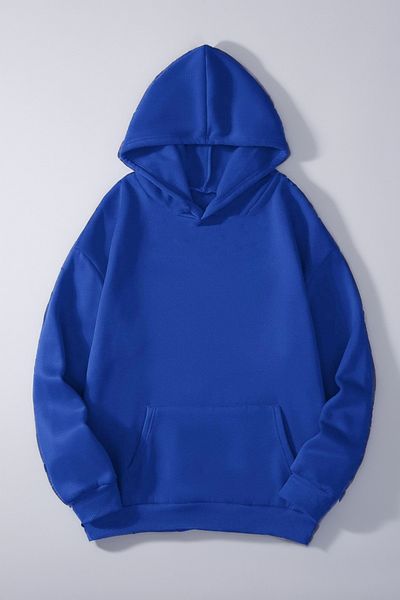 Josette Basic απλό βαμβακερό φούτερ - Sax Blue Oversize Raster Χοντρή χειμερινή κουκούλα