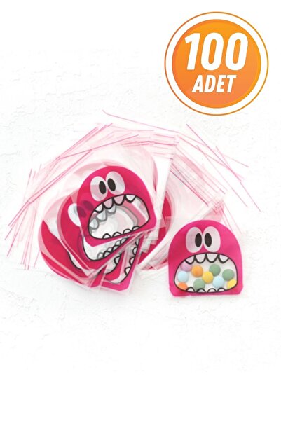 Eliz Party 10x15 Cm Bantlı Pembe Renk Canavar Desenli Şeffaf Jelatin Poşet OP...