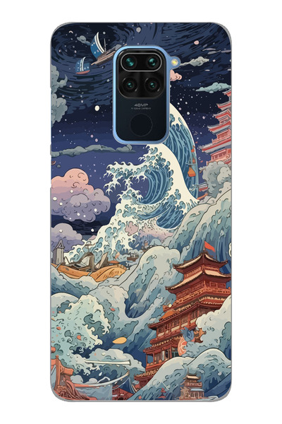 Magic Ring Xiaomi Redmi Note 9 Uyumlu Kanagawa Dalga Kolaj Desenli Şeffaf Tel...