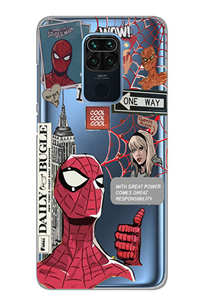 Magic Ring Xiaomi Redmi Note 9 Uyumlu Spiderman Desenli Şeffaf Telefon Kılıfı