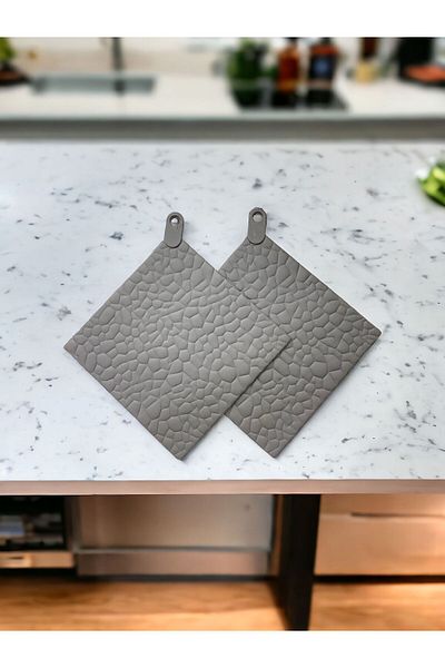 HOLLYHOME 2 Pieces Silicone Fireproof Stone Patterned Trivet, Teapot, Pot Mat, Grey 16X16Cm