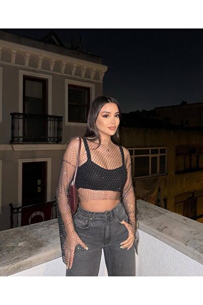 PİKAX Siyah Kadın File Taşlı Şık Crop Takım