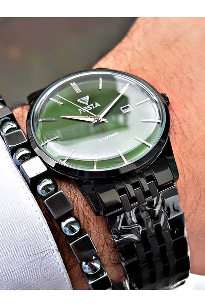 Fiesta Black Color Curved Sapphire Glass Luxury Steel Men's Wrist Watch + BRACELET WITH GIFT