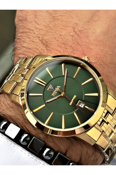 Fiesta Gold Color Classic Plain Steel Sapphire Glass Luxury Steel Business Men's Wrist Watch + BRACELET GIFT