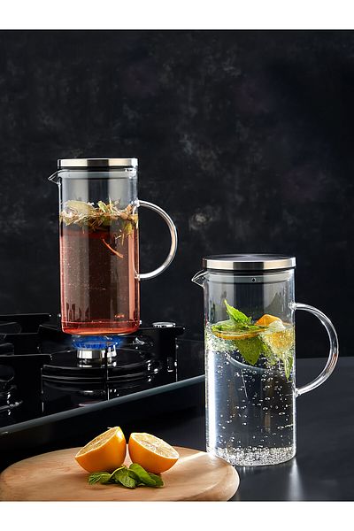 İLİVA Inox Borosilicate Glass Jug with Metal Lid 1500 ml - Fire Heat Resistant Jug