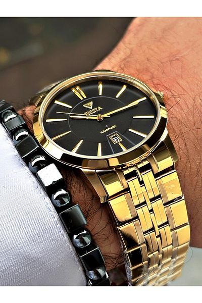 Fiesta Gold Color Classic Plain Steel Sapphire Glass Luxury Steel Business Men's Wrist Watch + BRACELET GIFT