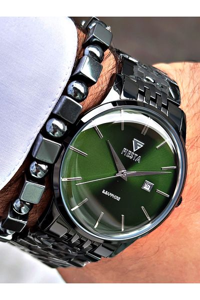 Fiesta Black Color Curved Sapphire Glass Luxury Steel Men's Wrist Watch + BRACELET WITH GIFT