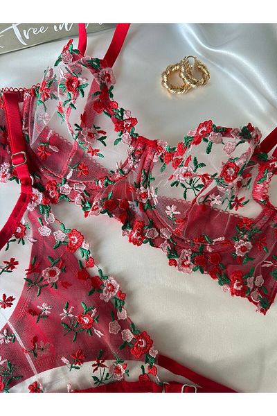 dem merys Valentine's Day Special Red Mini Floral Bra Set