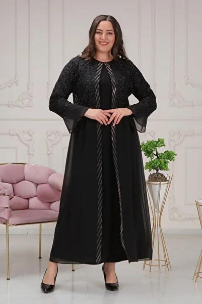 Aydoğan Büyük Beden Dantel Şifon Abayalı Tek Parça Abiye Elbise