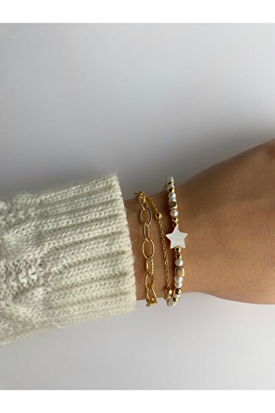 aksesuaris Sedefli Yıldız 3'lü Gold Kadın Bileklik Kombin