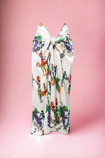 pistore African Girls in White Grape Ties Print Long Pareo Satin Women's Beach Dress New Season
