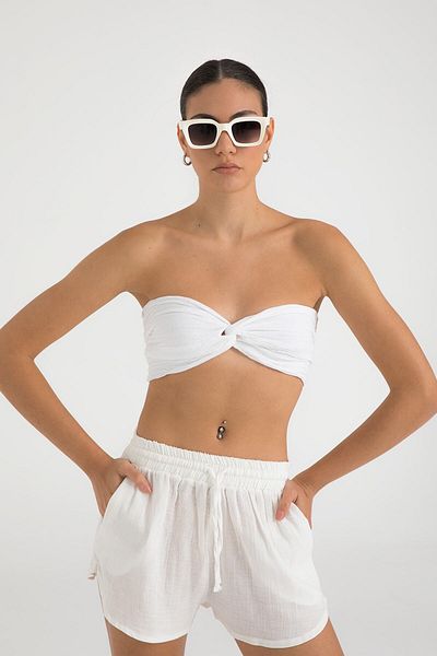 SHEISMONO Λευκή μουσελίνα Crop Top - Λεπτομερής κόμπος