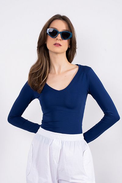 SHEISMONO Μπλούζα Soft Touch V-Neck Navy Blue