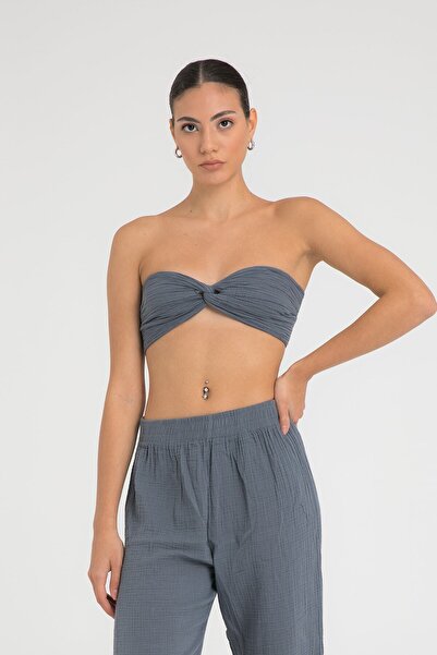 SHEISMONO Muslin Knot Crop Top Anthracite